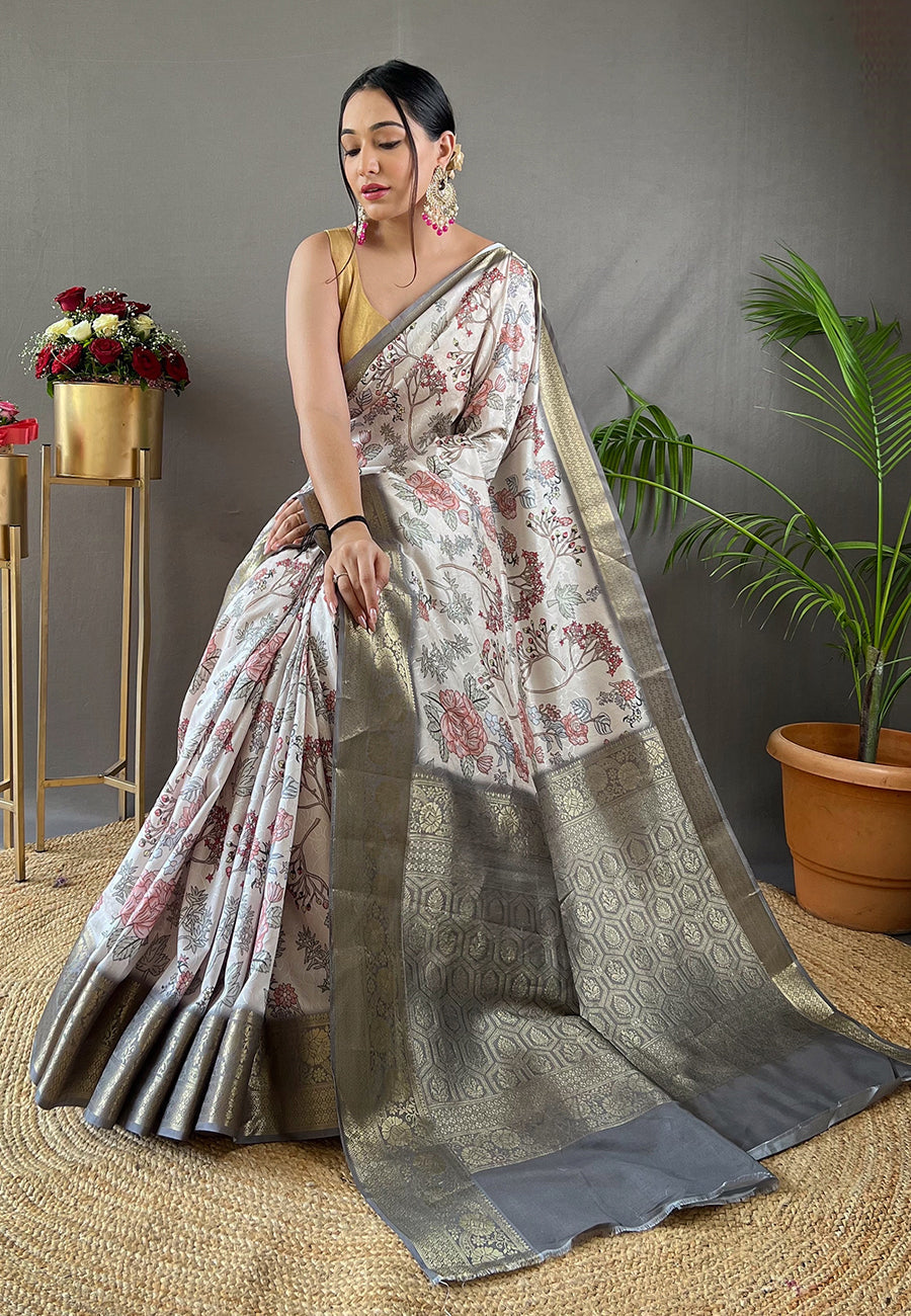 Buy MySilkLove Swirl White Kalamkari Floral Printed Saree Online