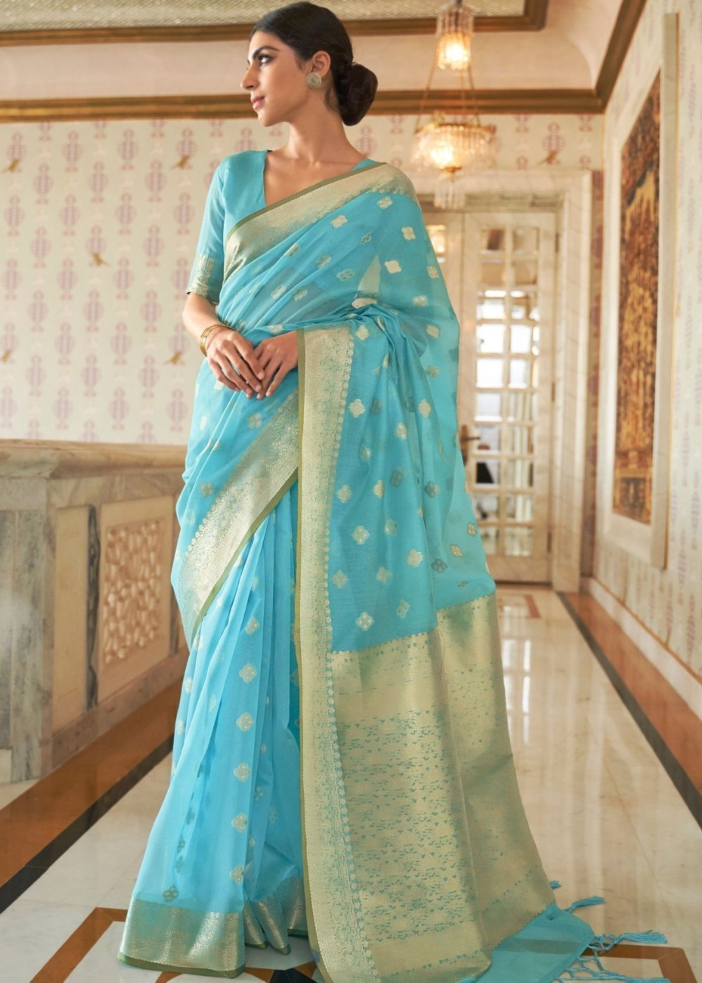 Buy MySilkLove Puerto Rico Blue Zari woven Linen Saree Online