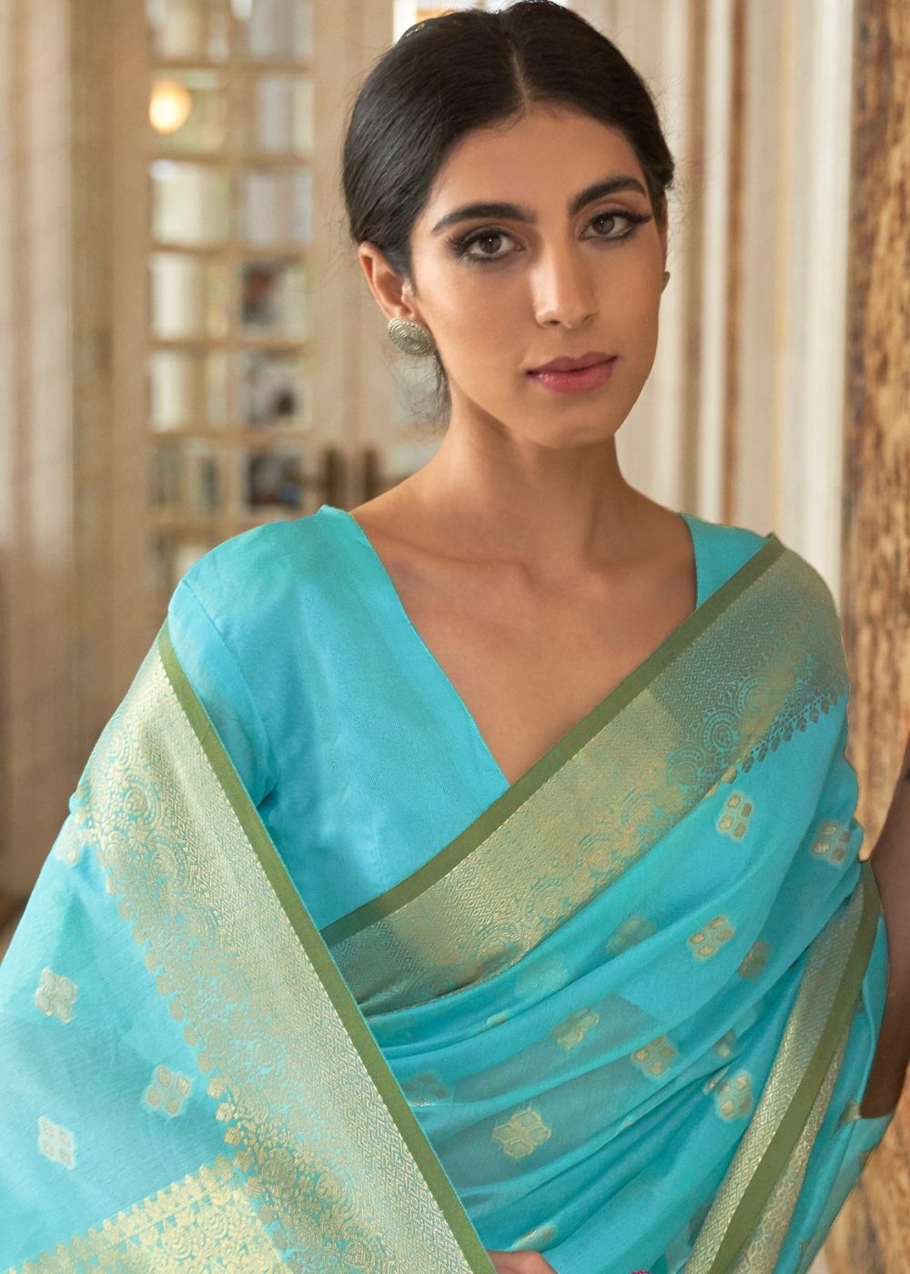 MySilkLove Puerto Rico Blue Zari woven Linen Saree