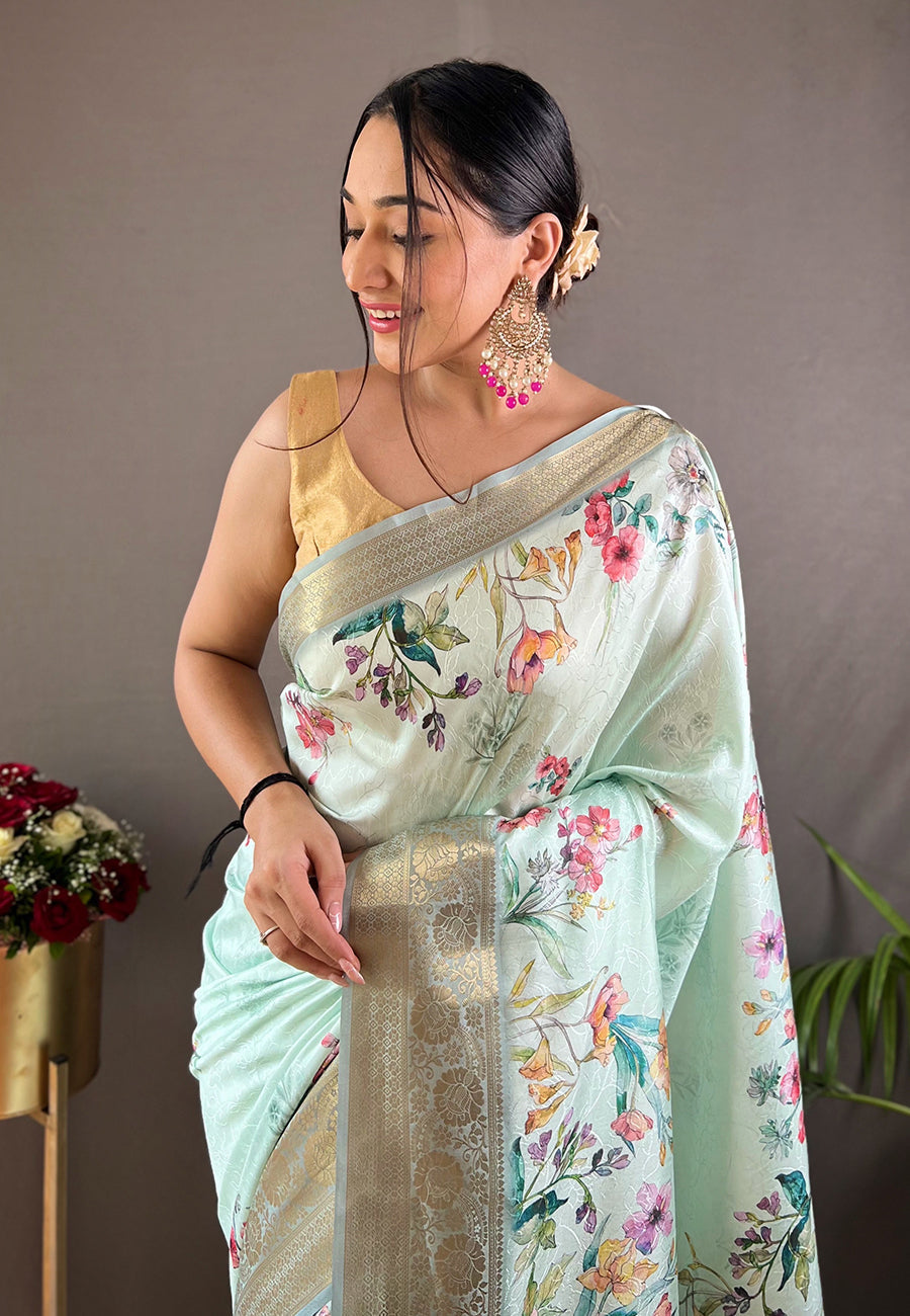 Buy MySilkLove Conch Blue Kalamkari Floral Printed Saree Online