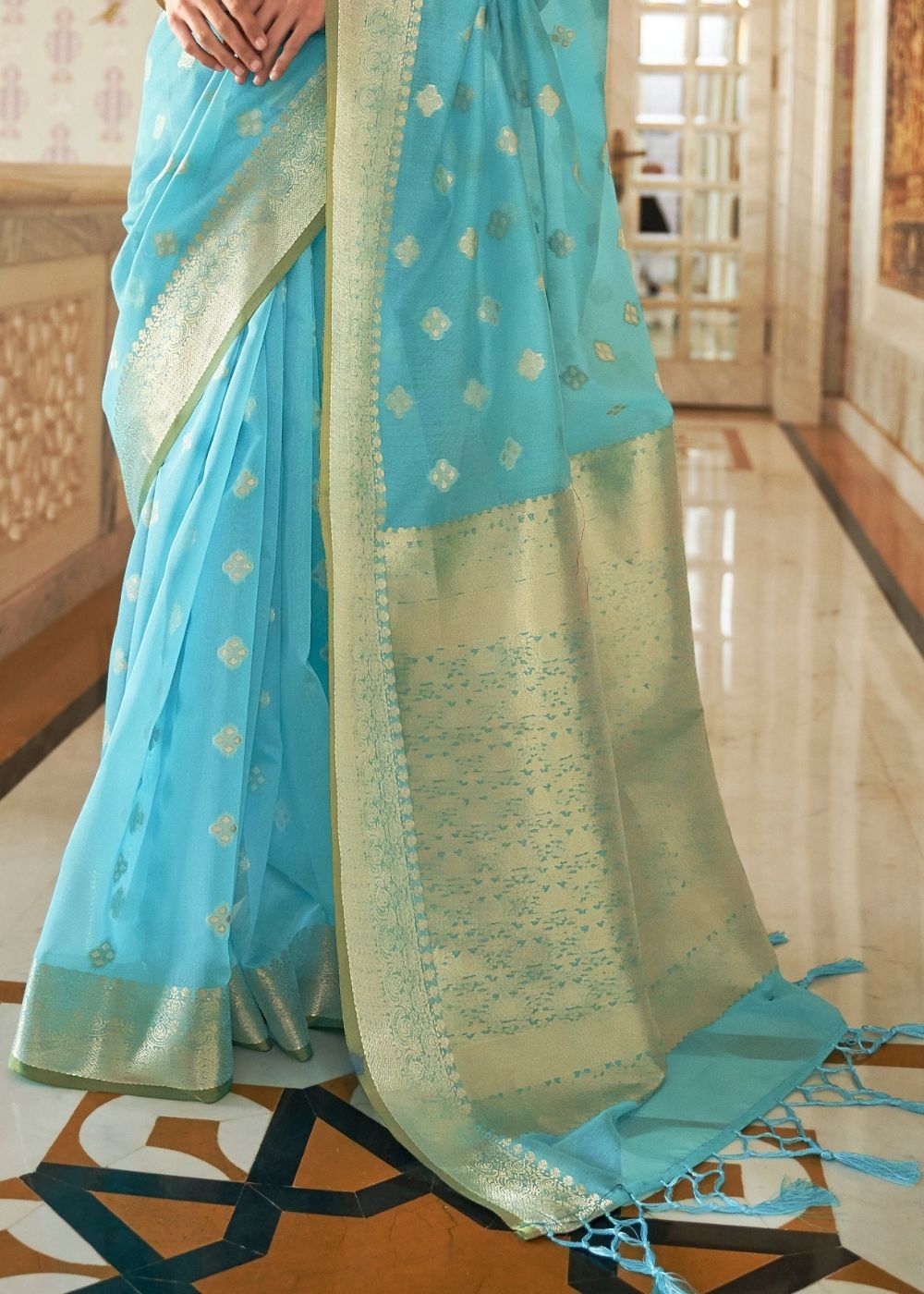 Buy MySilkLove Puerto Rico Blue Zari woven Linen Saree Online