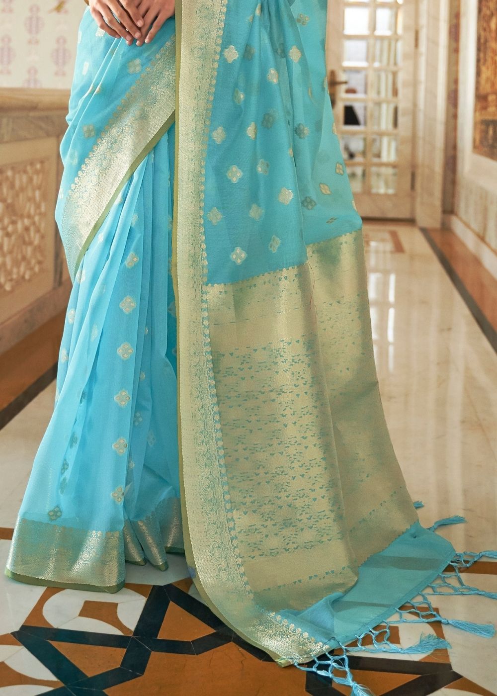 Buy MySilkLove Puerto Rico Blue Zari woven Linen Saree Online