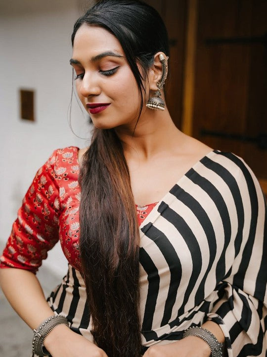 Buy MySilkLove Magnolia White and Black Stripes Ajrakh Printed Satin Crepe Silk Saree Online