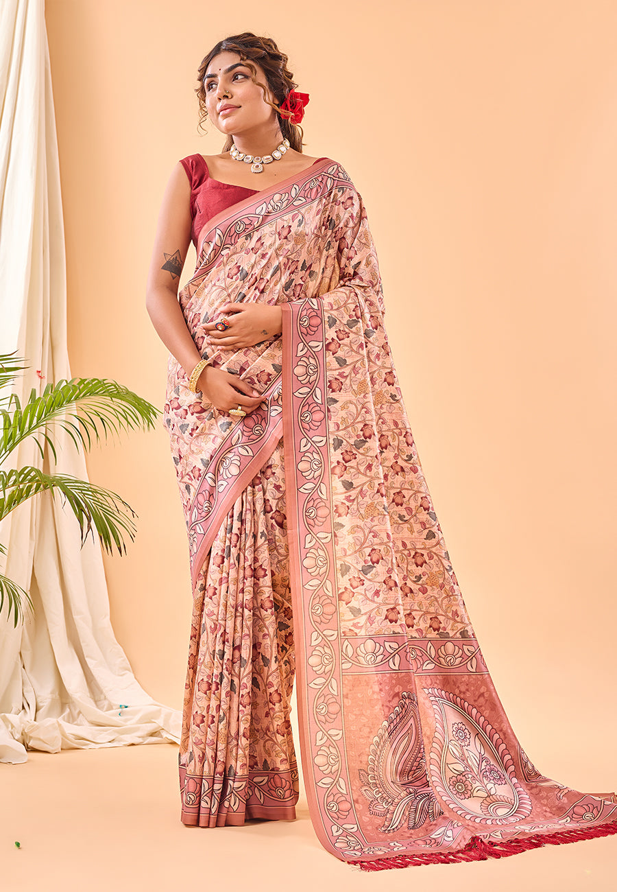 Buy MySilkLove Blossom Pink Floral Kalamkari Printed Saree Online