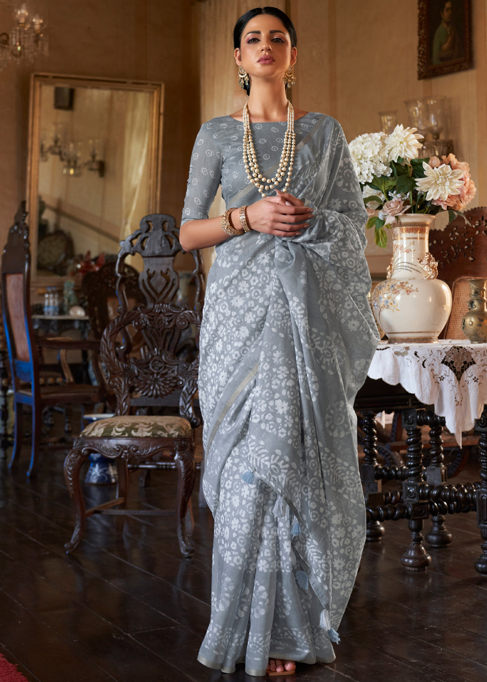 Buy MySilkLove Manatee Grey Light Weight Linen Saree Online