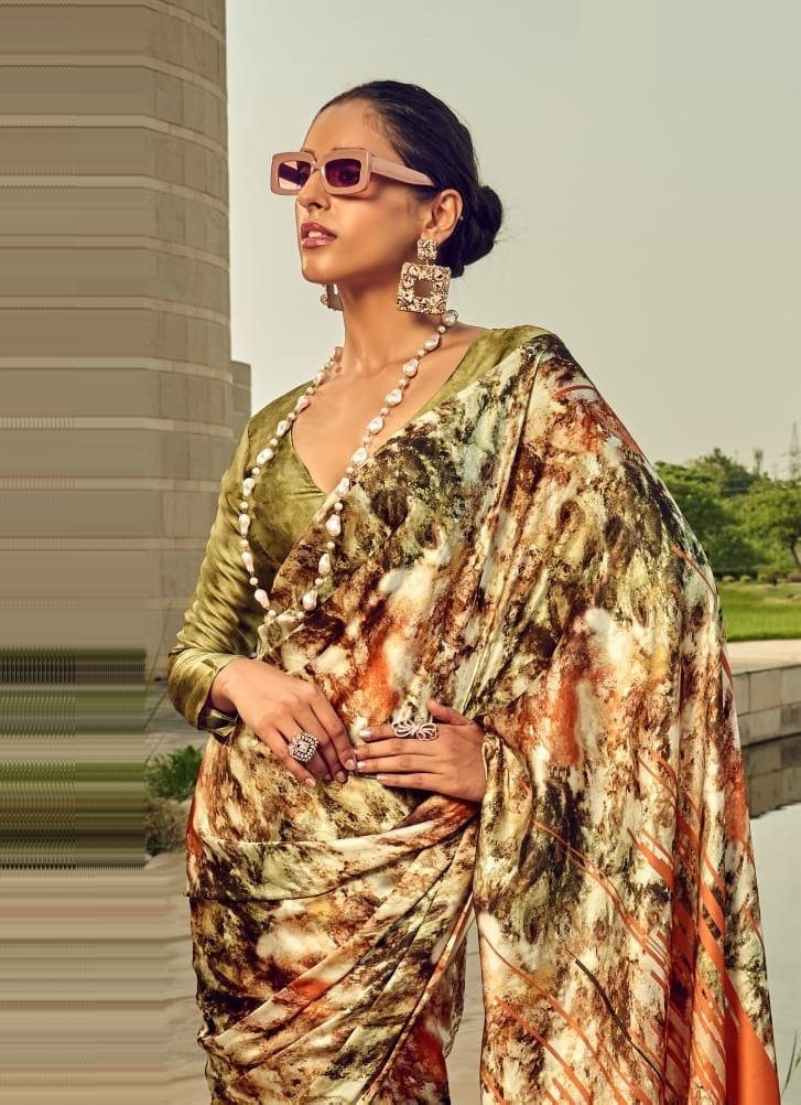 Buy MySilkLove Gimblet Green Digital Printed Satin Silk Saree Online