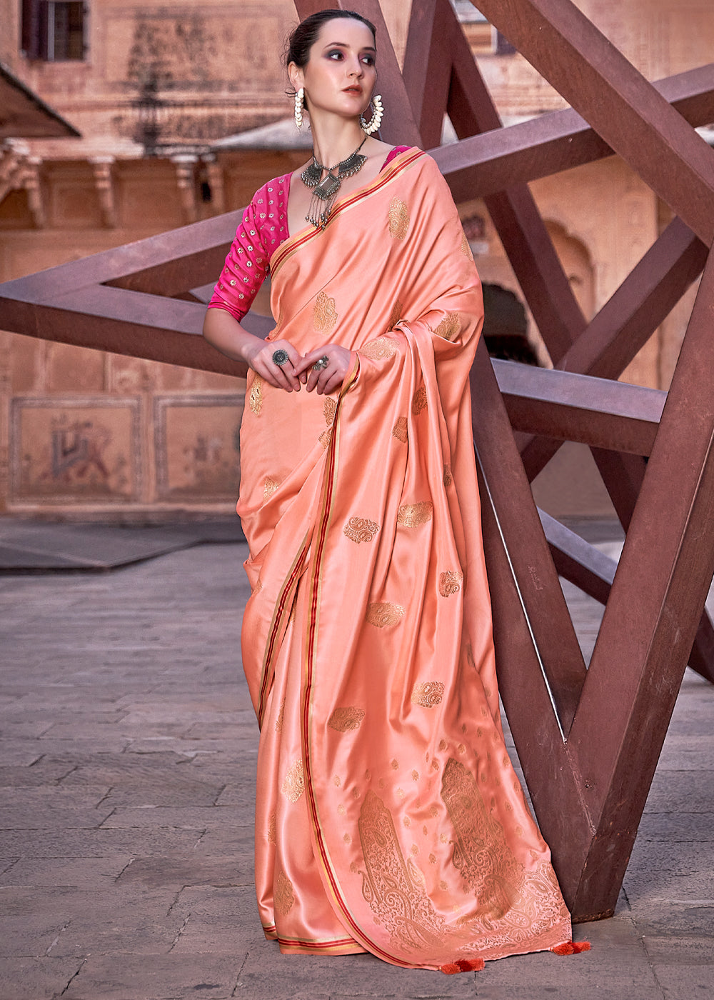 Buy MySilkLove Cornflower Lilac Peach Woven Satin Silk Saree Online