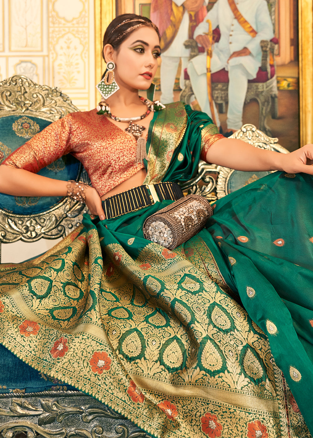 Buy MySilkLove Chateau Green Woven Banarasi Organza Silk Saree Online