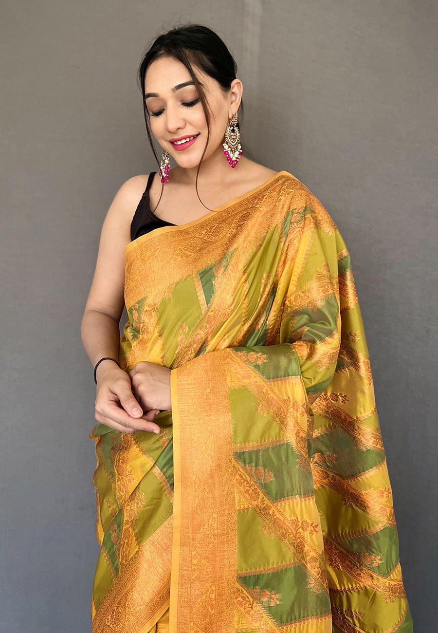 Buy MySilkLove Barley Corn Green and Yellow Copper Zari Woven Organza Saree Online