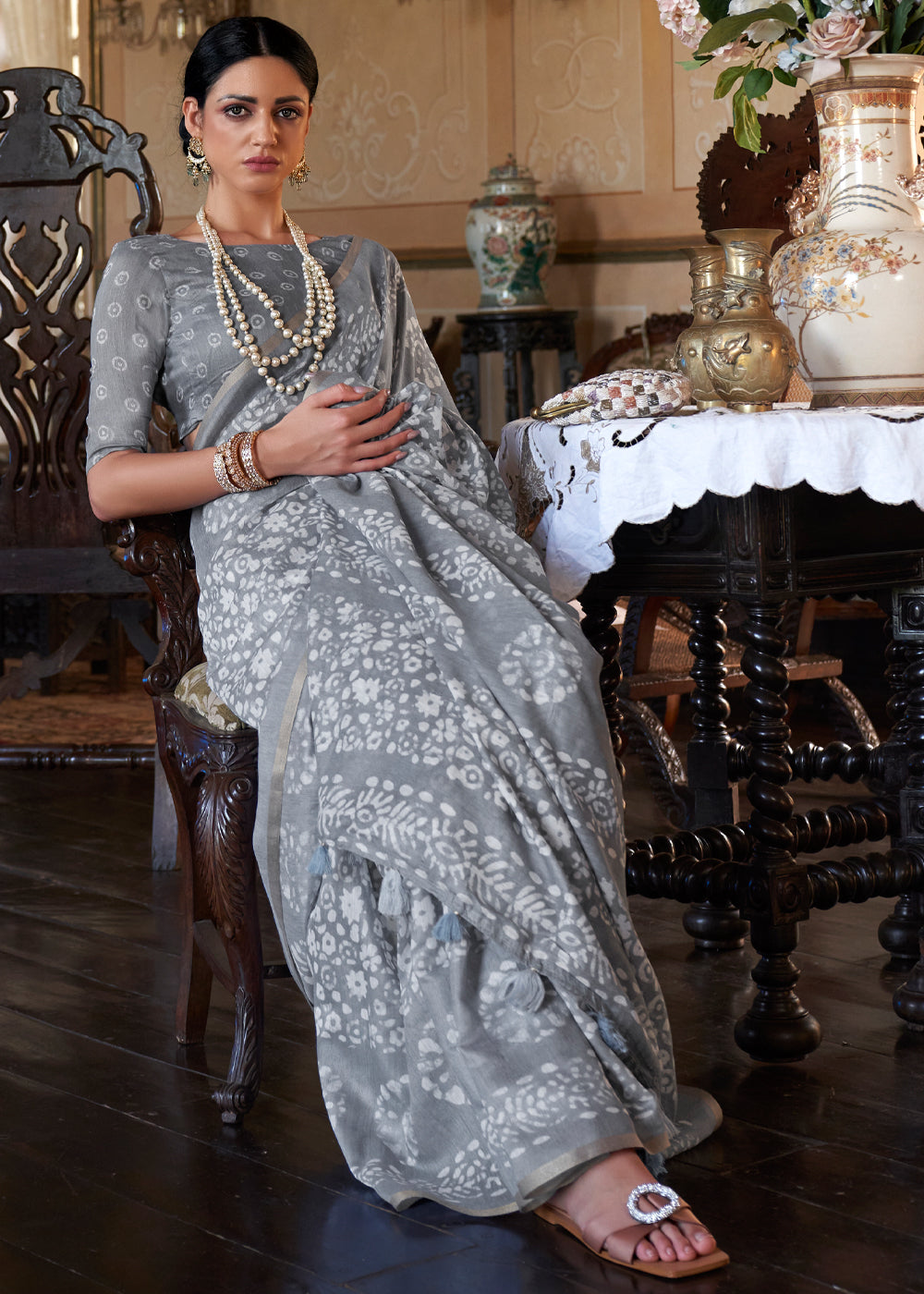 Buy MySilkLove Manatee Grey Light Weight Linen Saree Online