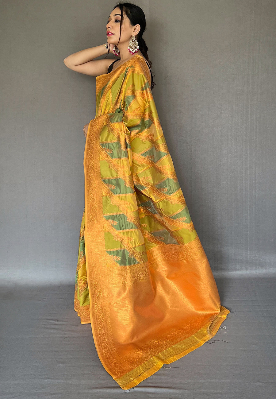 Buy MySilkLove Barley Corn Green and Yellow Copper Zari Woven Organza Saree Online