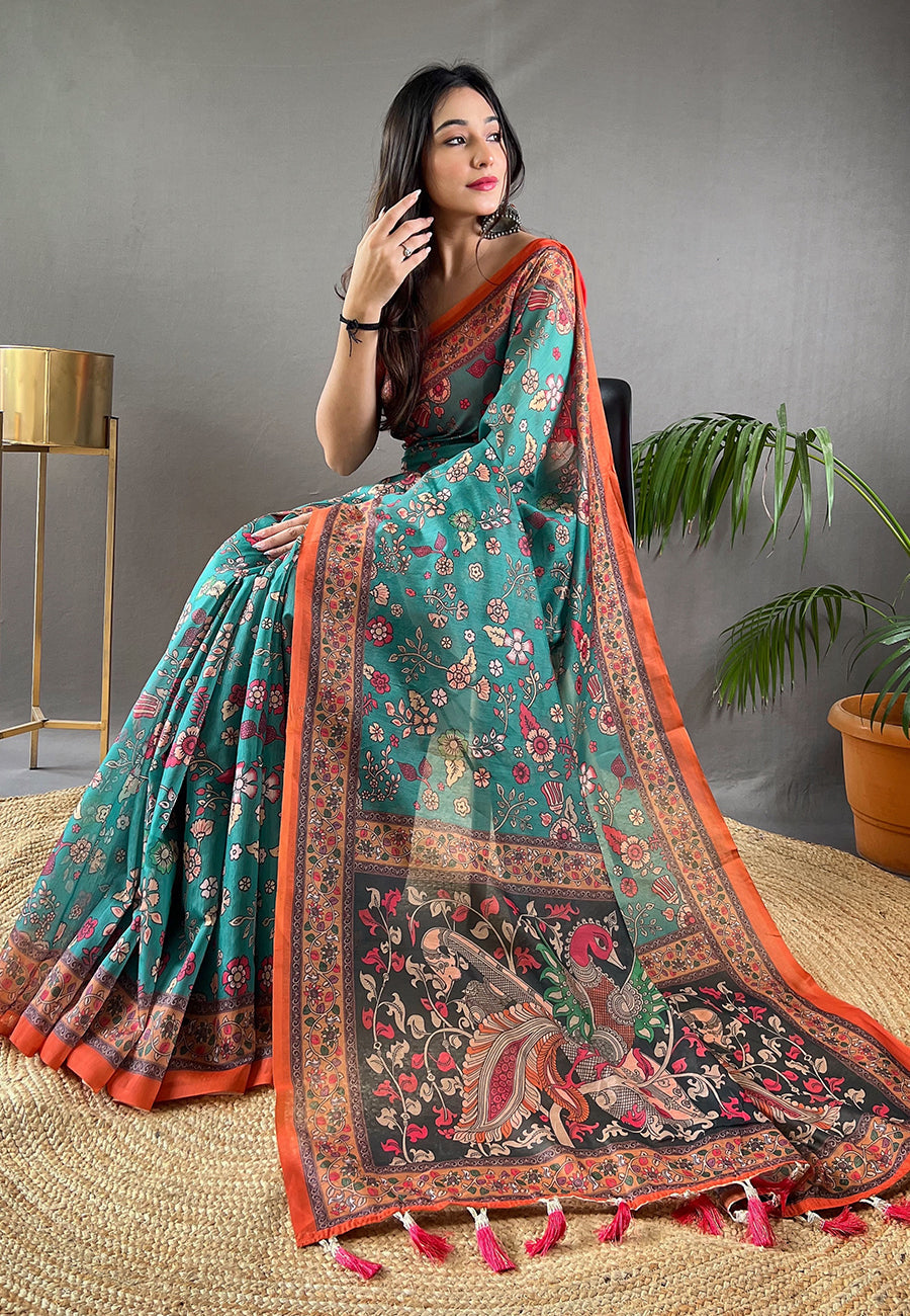 Buy MySilkLove Keppel Blue Cotton Kalamkari Printed Saree Online