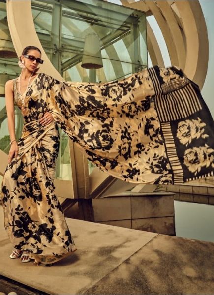 Buy MySilkLove Raw Umber Black and Brown Digital Printed Satin Silk Saree Online