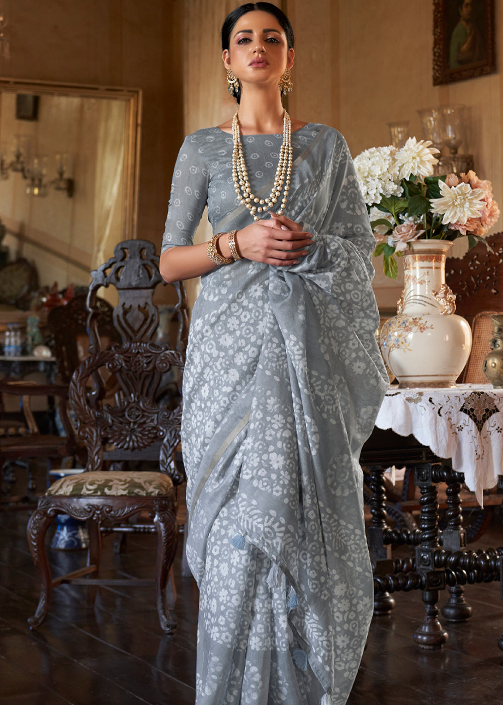 Buy MySilkLove Manatee Grey Light Weight Linen Saree Online