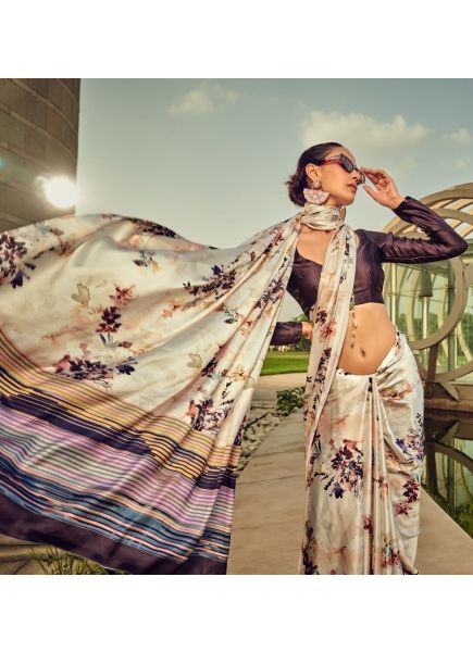 Buy MySilkLove Akaroa Cream and Purple Digital Printed Satin Silk Saree Online