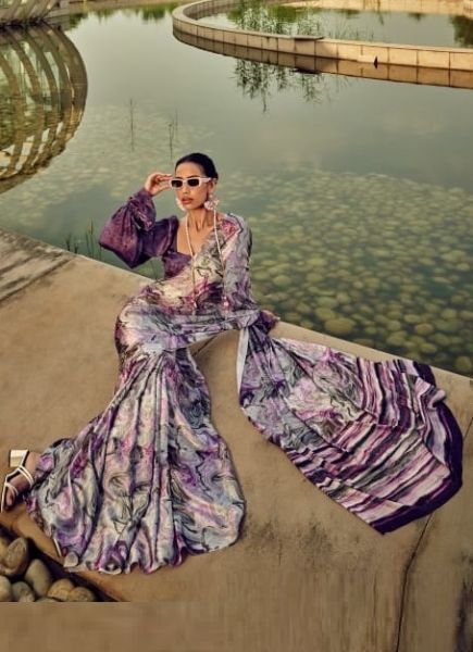 Buy MySilkLove Falcon Purple Digital Printed Satin Silk Saree Online