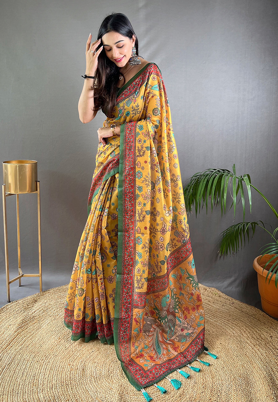 Buy MySilkLove Tussock Yellow Cotton Kalamkari Printed Saree Online