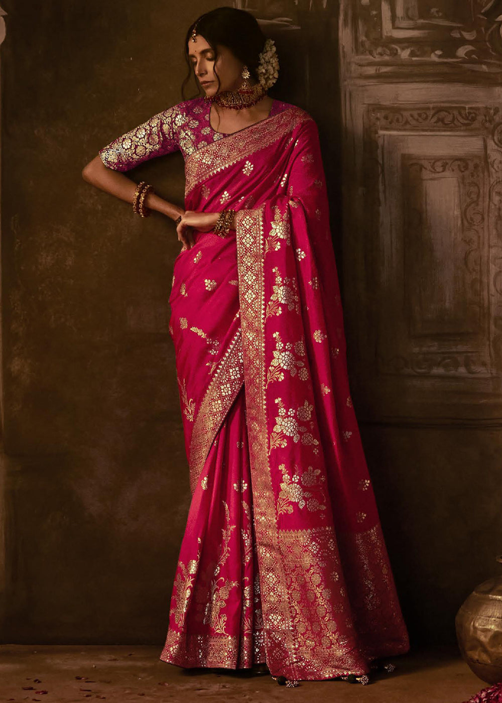 Buy MySilkLove Shiraz Pink Woven Designer Banarasi Silk Saree Online