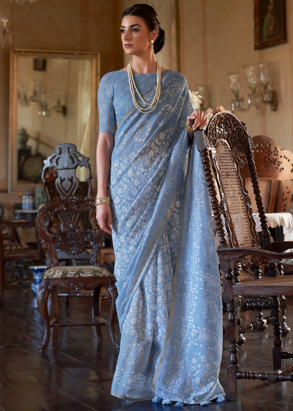 Buy MySilkLove Pigeon Post Blue Light Weight Linen Saree Online