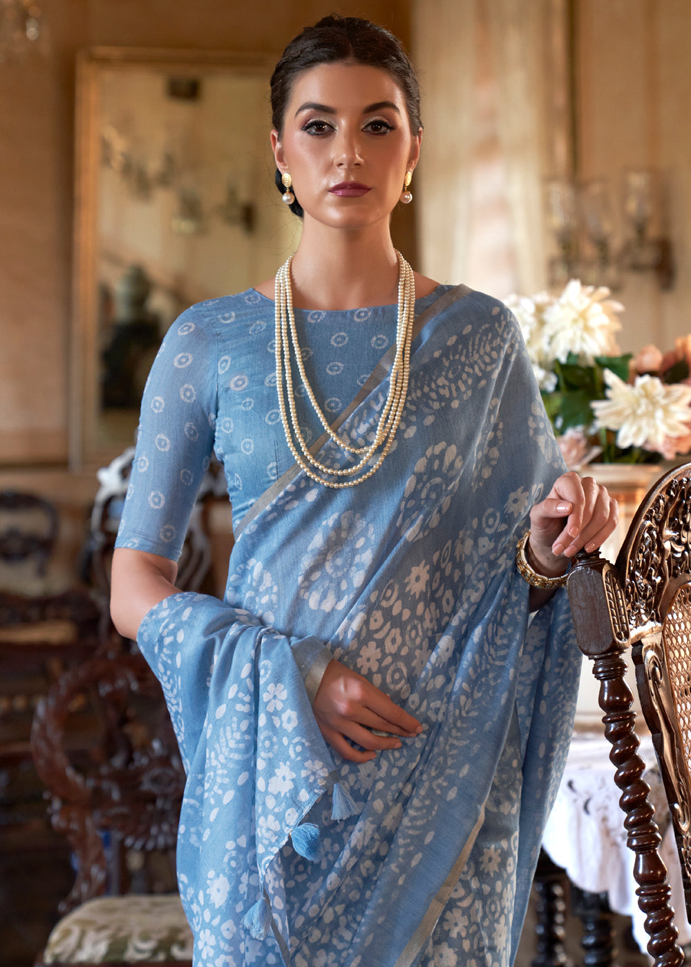 Buy MySilkLove Pigeon Post Blue Light Weight Linen Saree Online