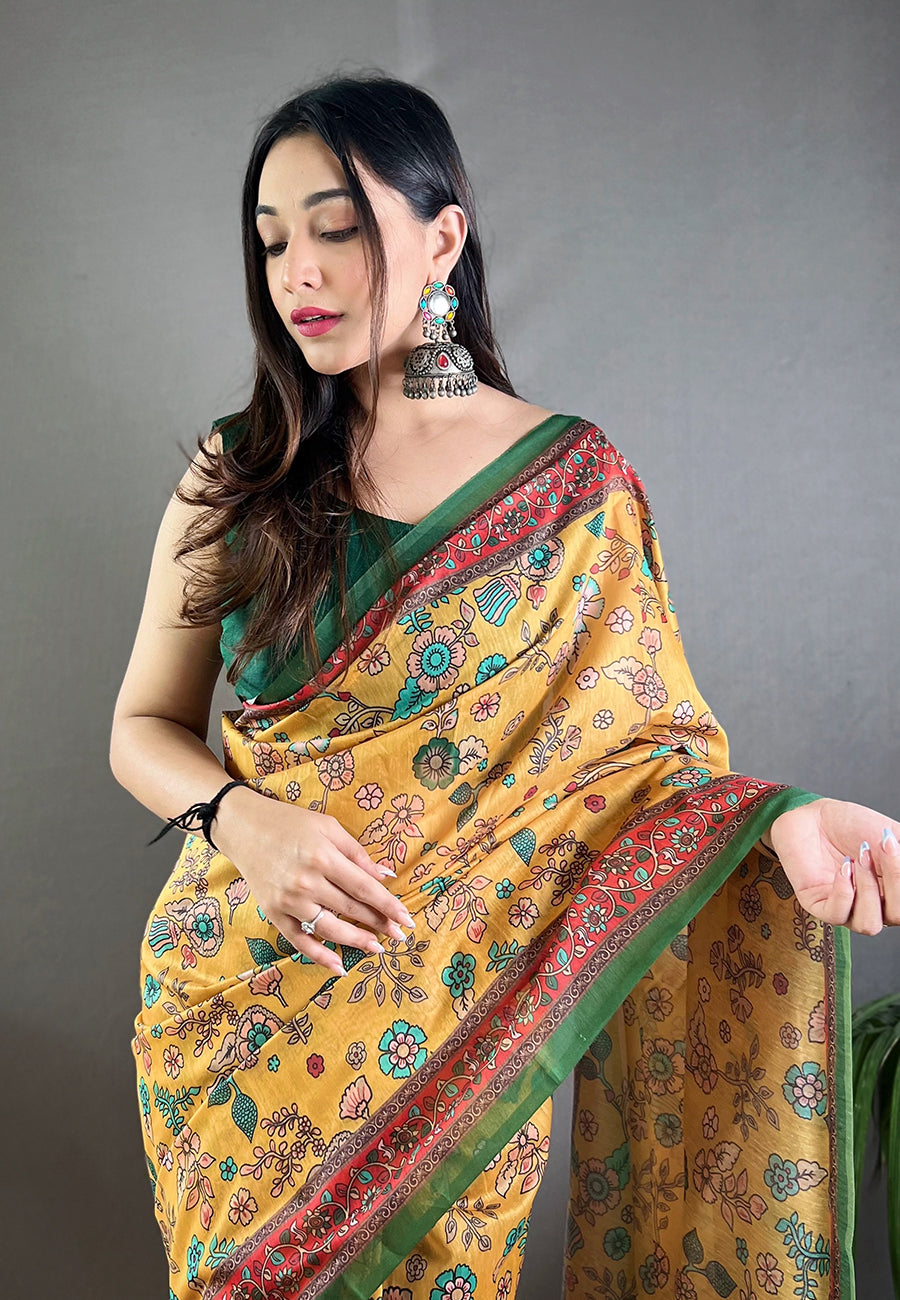 MySilkLove Tussock Yellow Cotton Kalamkari Printed Saree