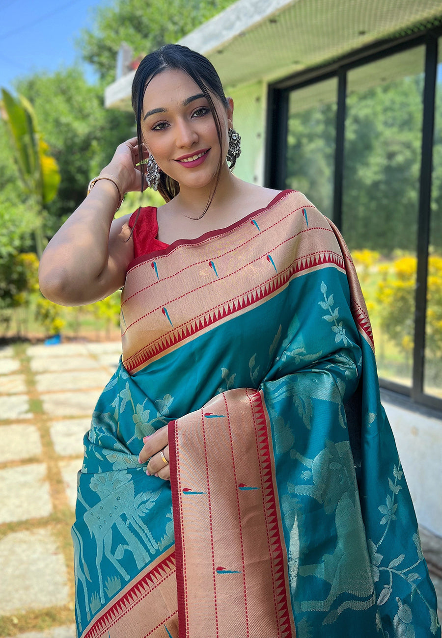 Buy MySilkLove Glacier Blue Pichwai Woven Paithani Silk Saree Online