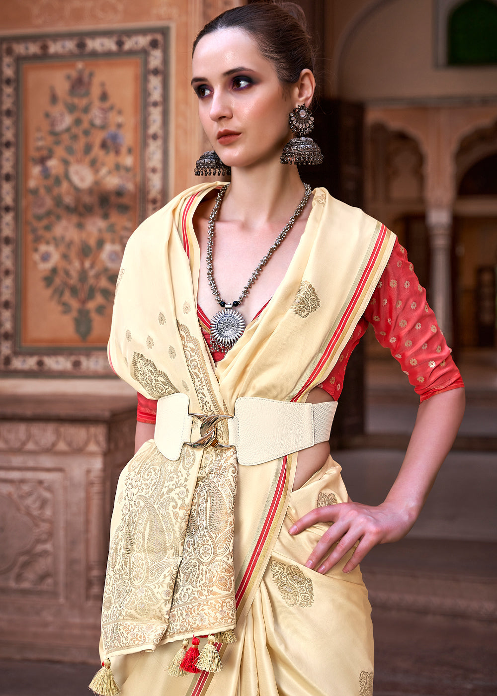Buy MySilkLove Champagne Cream Woven Satin Silk Saree Online