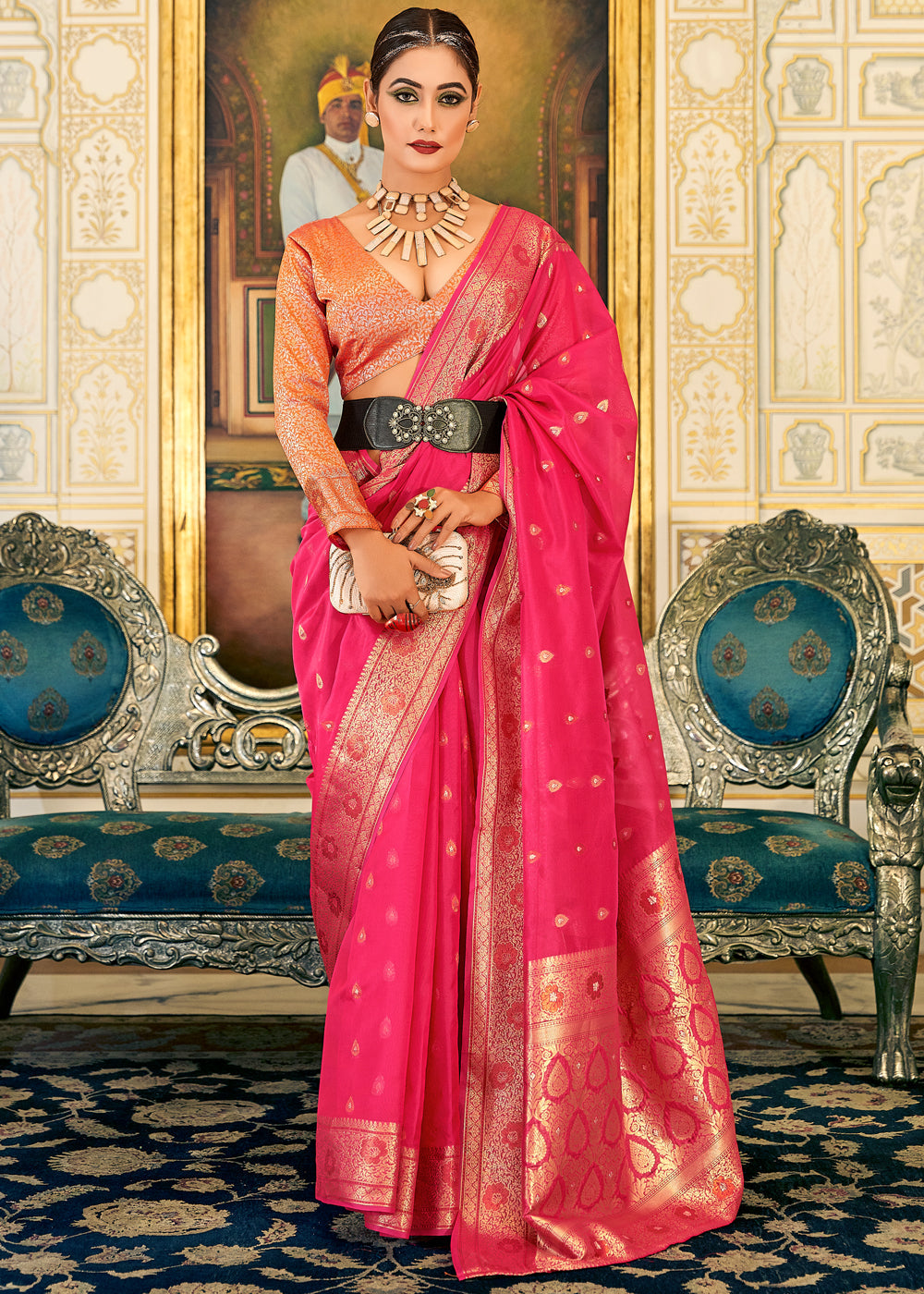 Buy MySilkLove Wild Watermelon Pink Woven Banarasi Organza Silk Saree Online