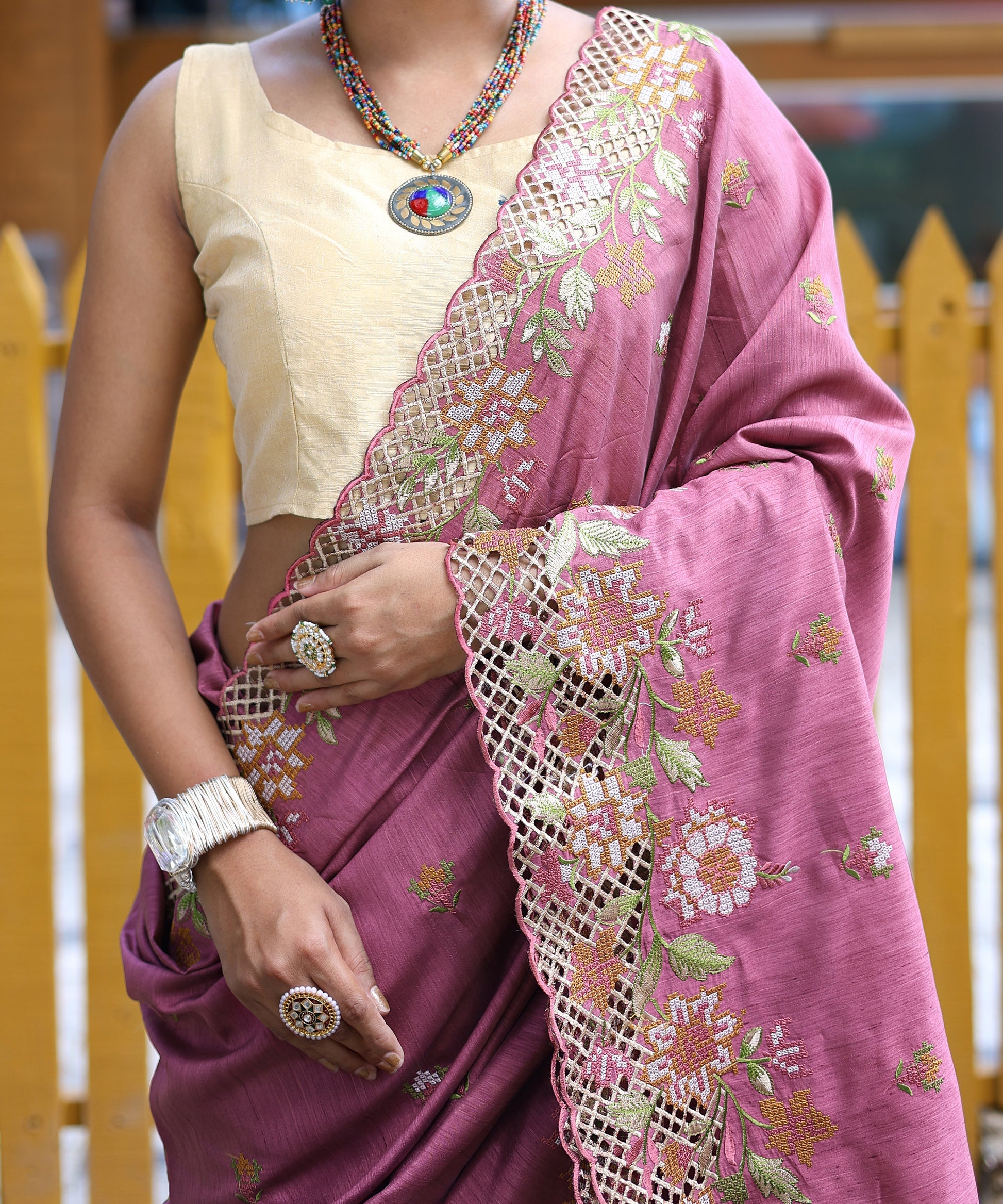 Buy MySilkLove Hopbush Pink Embroidered Tussar Silk Saree Online