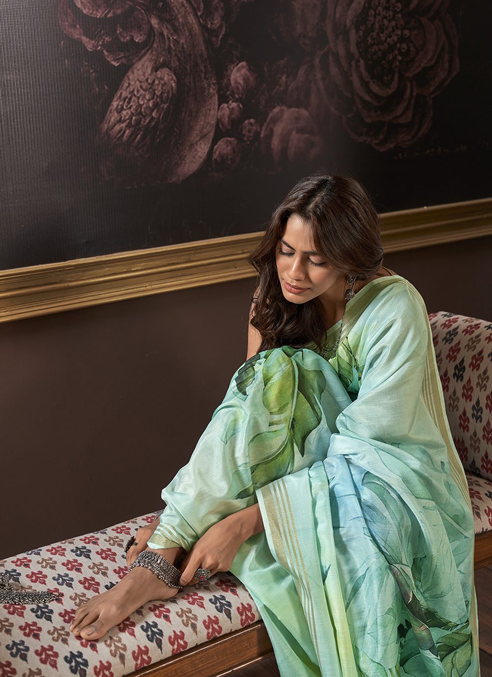 Buy MySilkLove Patina Green Handloom Silk Digital Printed Saree Online