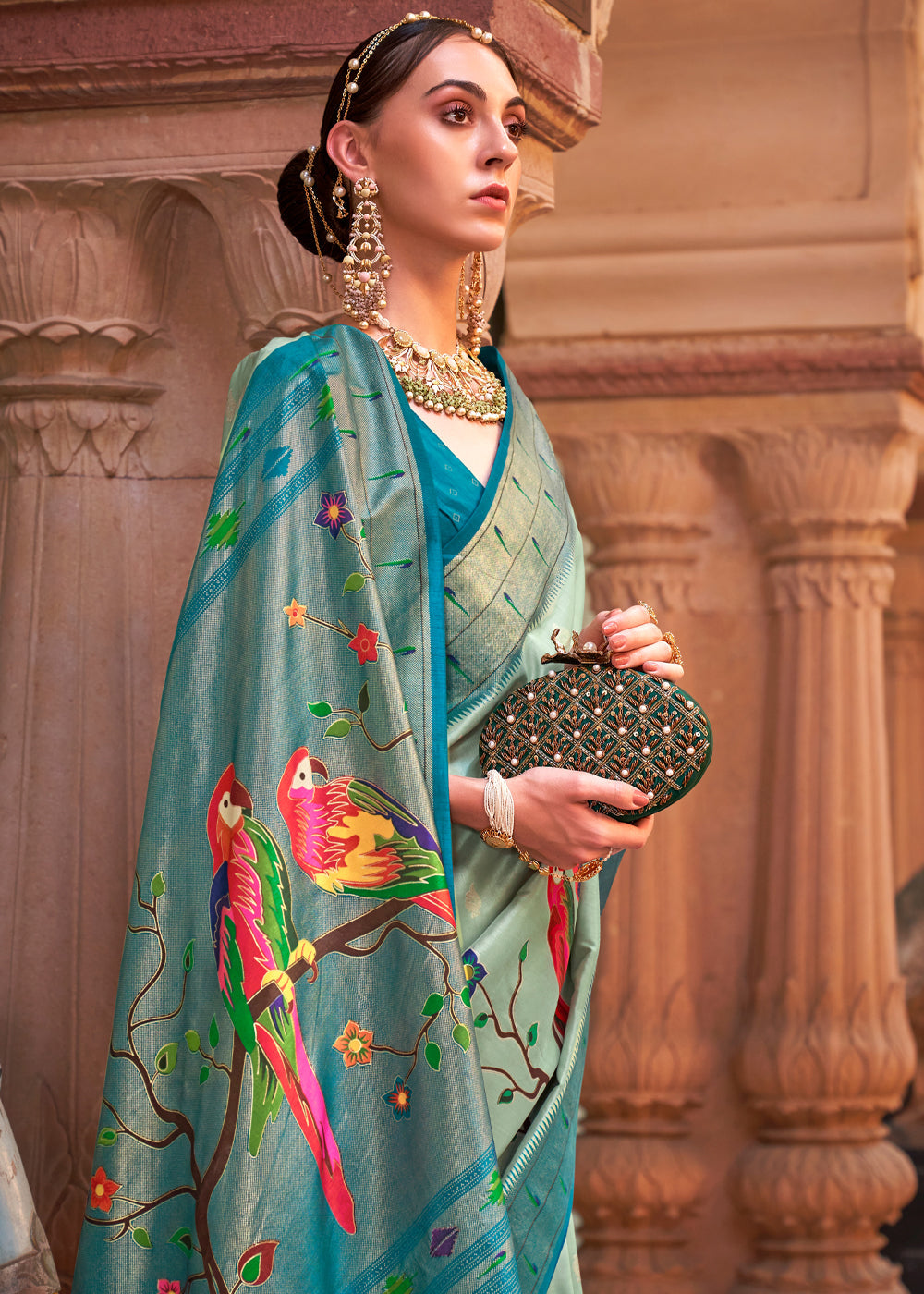 Buy MySilkLove Pine Green and Blue Woven Paithani Silk Saree Online