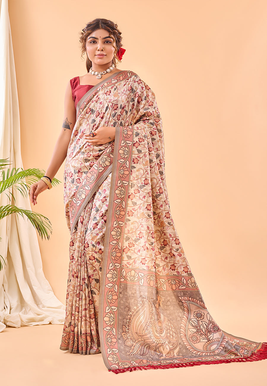 Buy MySilkLove Matrix Cream Floral Kalamkari Printed Saree Online