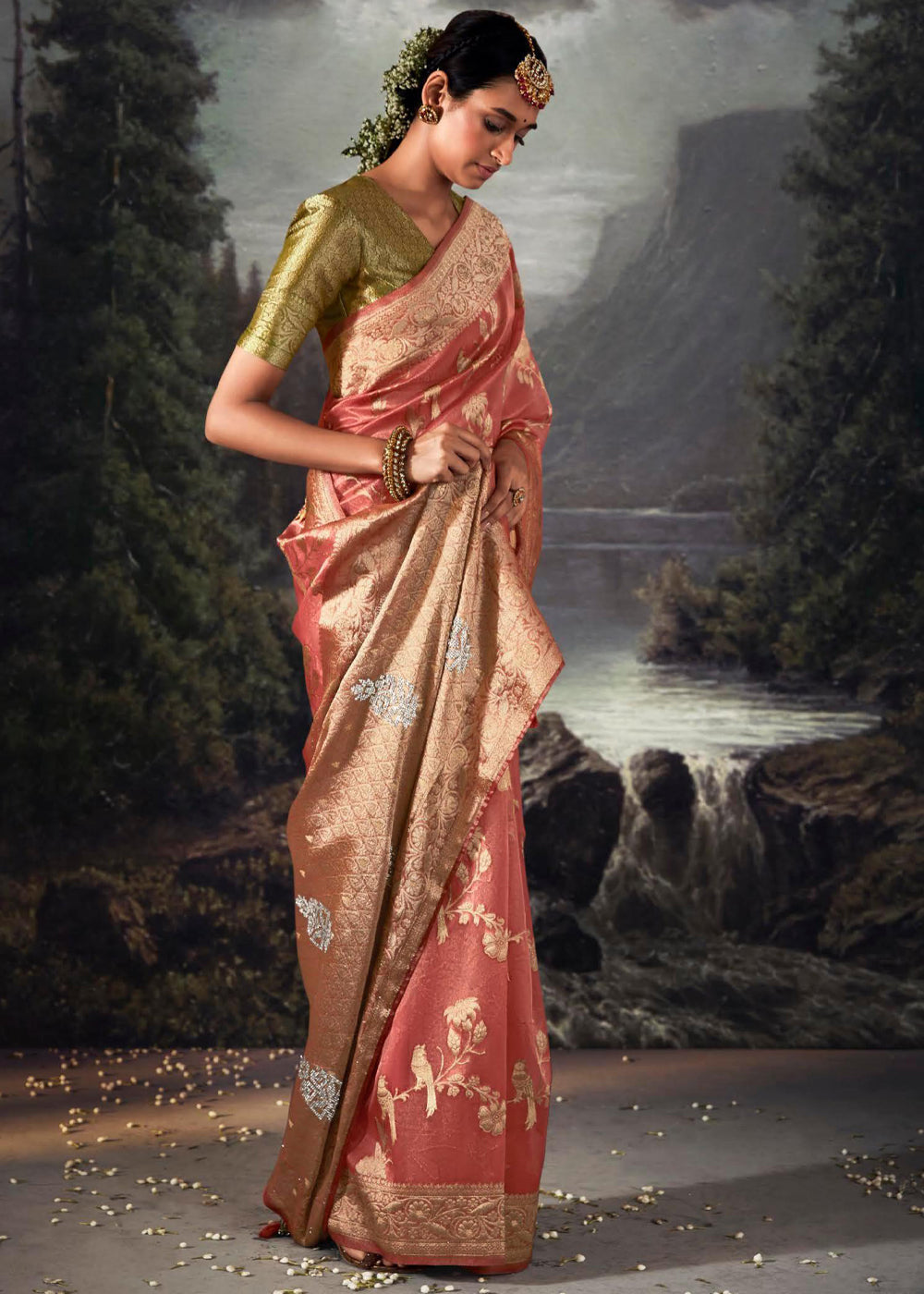 Buy MySilkLove Chestnut Rose Pink Woven Banarasi Organza Silk Saree Online