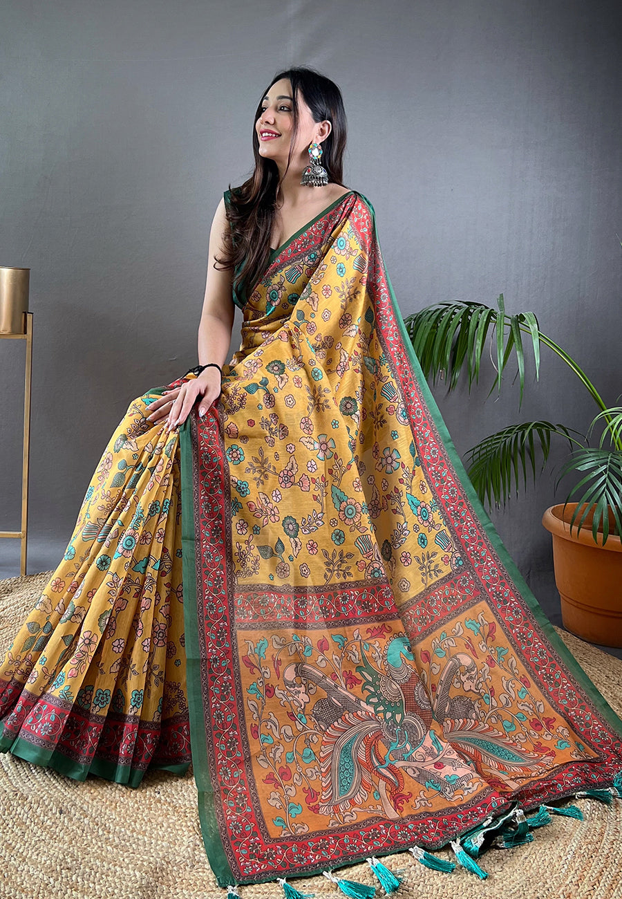 Buy MySilkLove Tussock Yellow Cotton Kalamkari Printed Saree Online