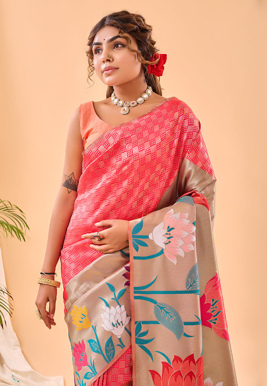 Buy MySilkLove Salmon Pearl Pink Fulrani Woven Paithani Saree Online