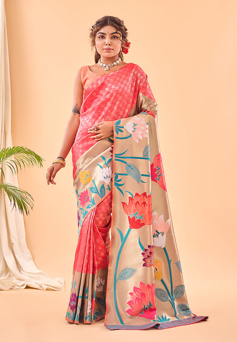 Buy MySilkLove Salmon Pearl Pink Fulrani Woven Paithani Saree Online