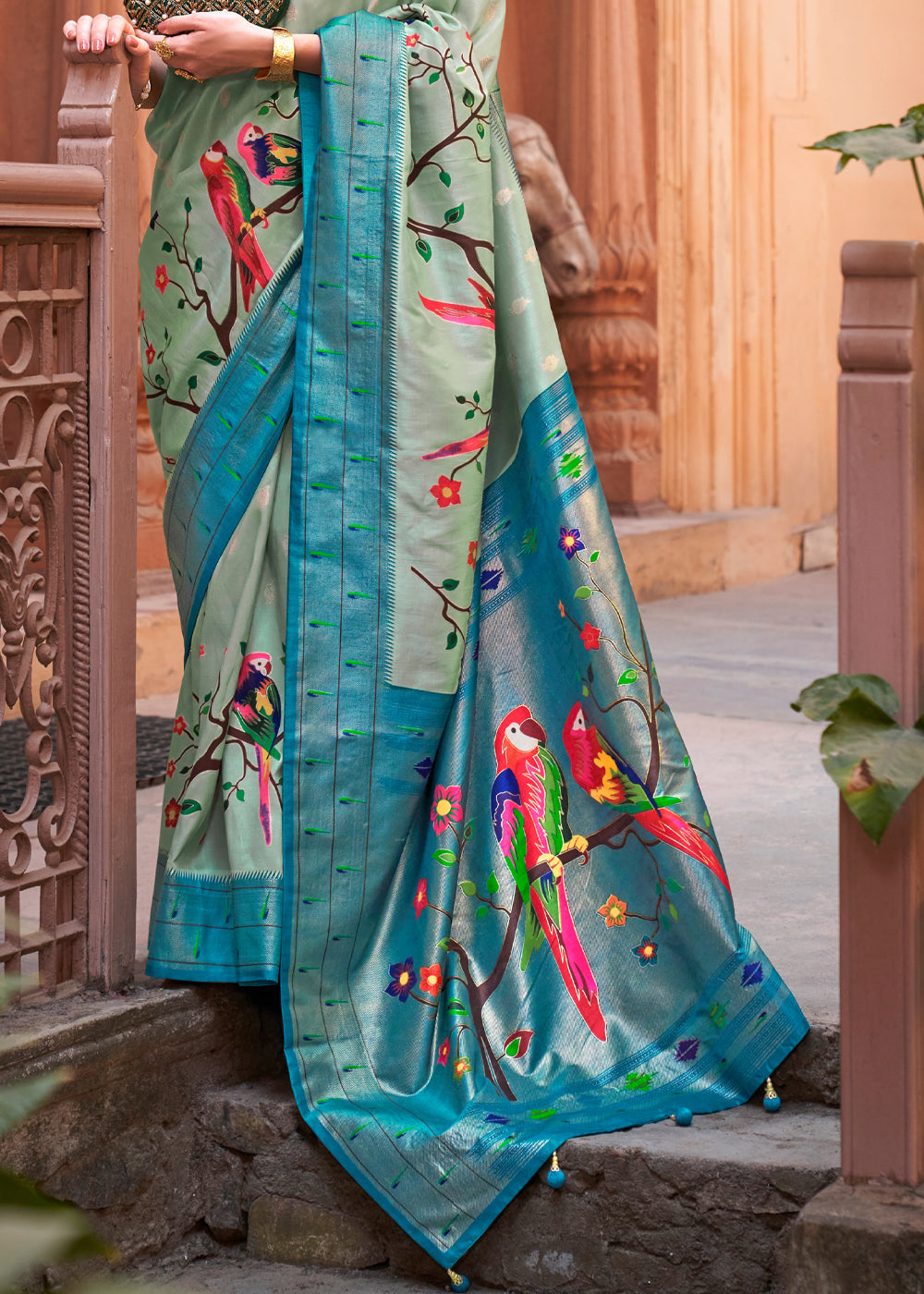 Buy MySilkLove Pine Green and Blue Woven Paithani Silk Saree Online