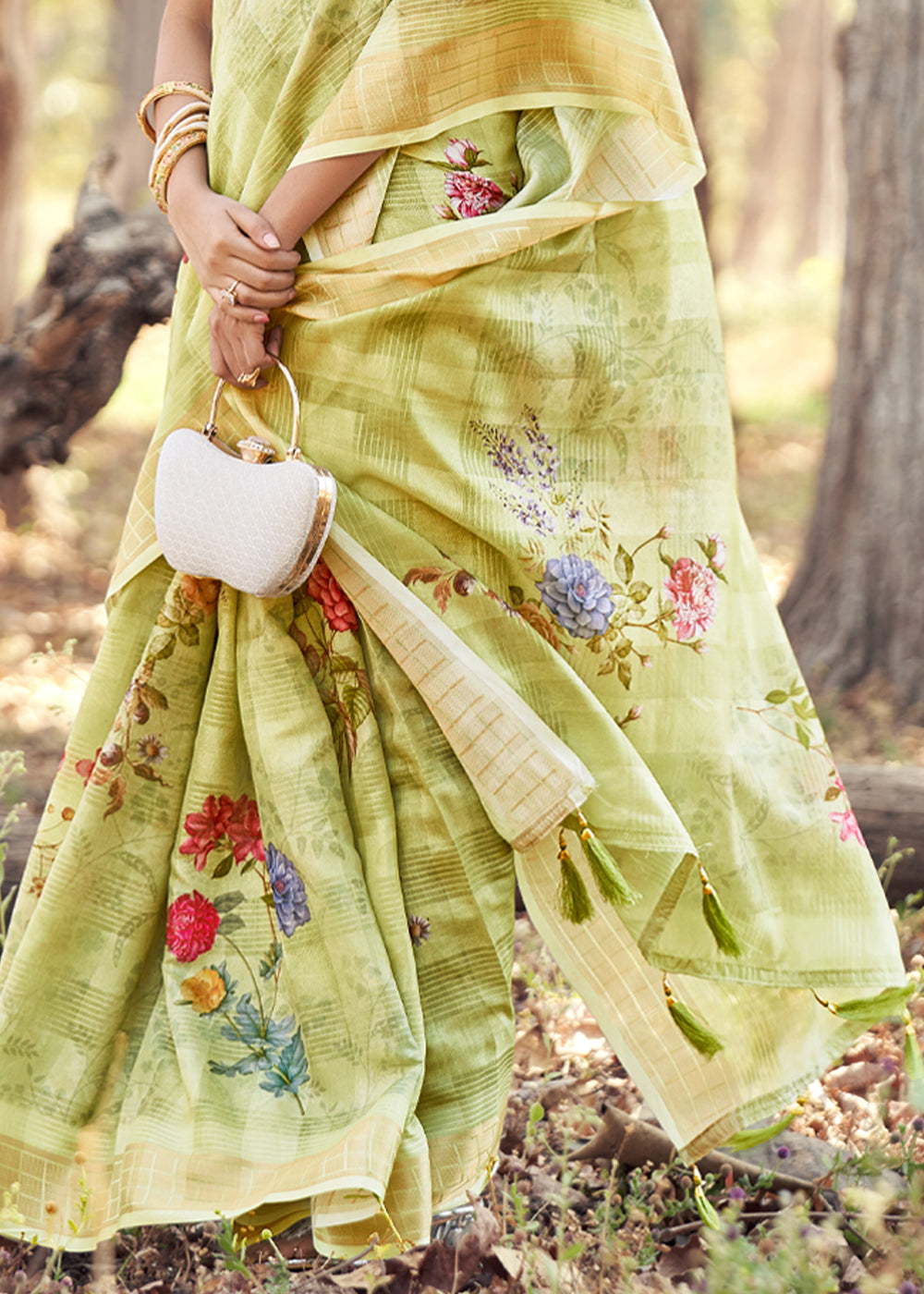 Buy MySilkLove Gimblet Green Floral Printed Cotton Silk Saree Online