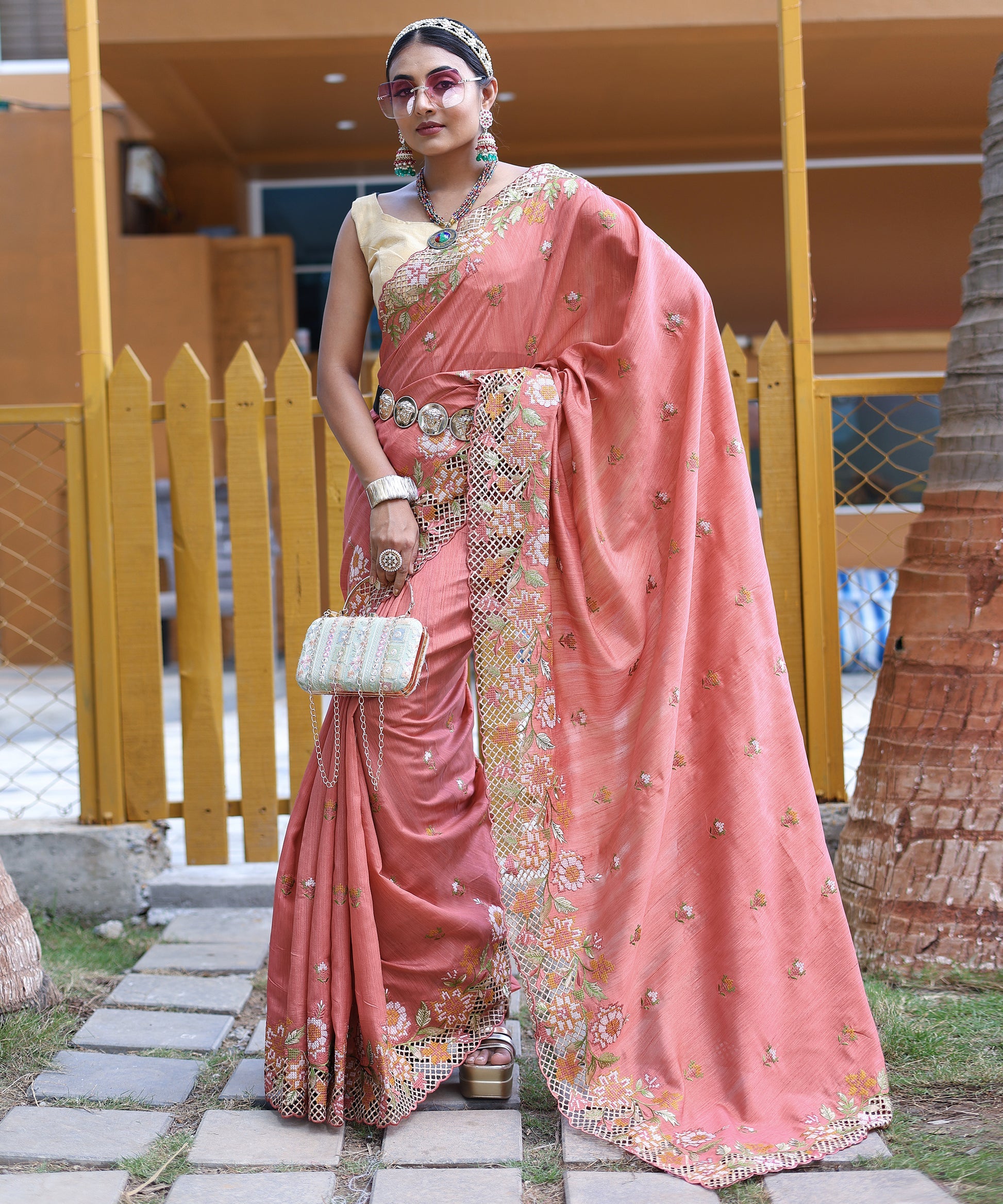 Buy MySilkLove Twine Peach Embroidered Tussar Silk Saree Online