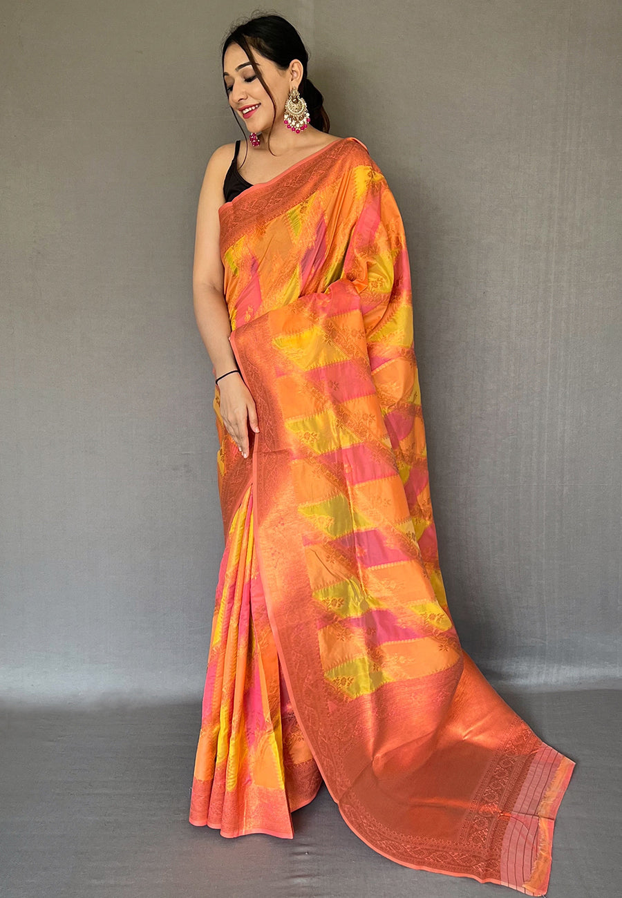 Buy MySilkLove Carrot Orange Copper Zari Woven Organza Saree Online