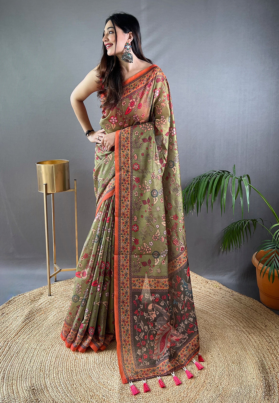 Buy MySilkLove Clay Creek Green Cotton Kalamkari Printed Saree Online