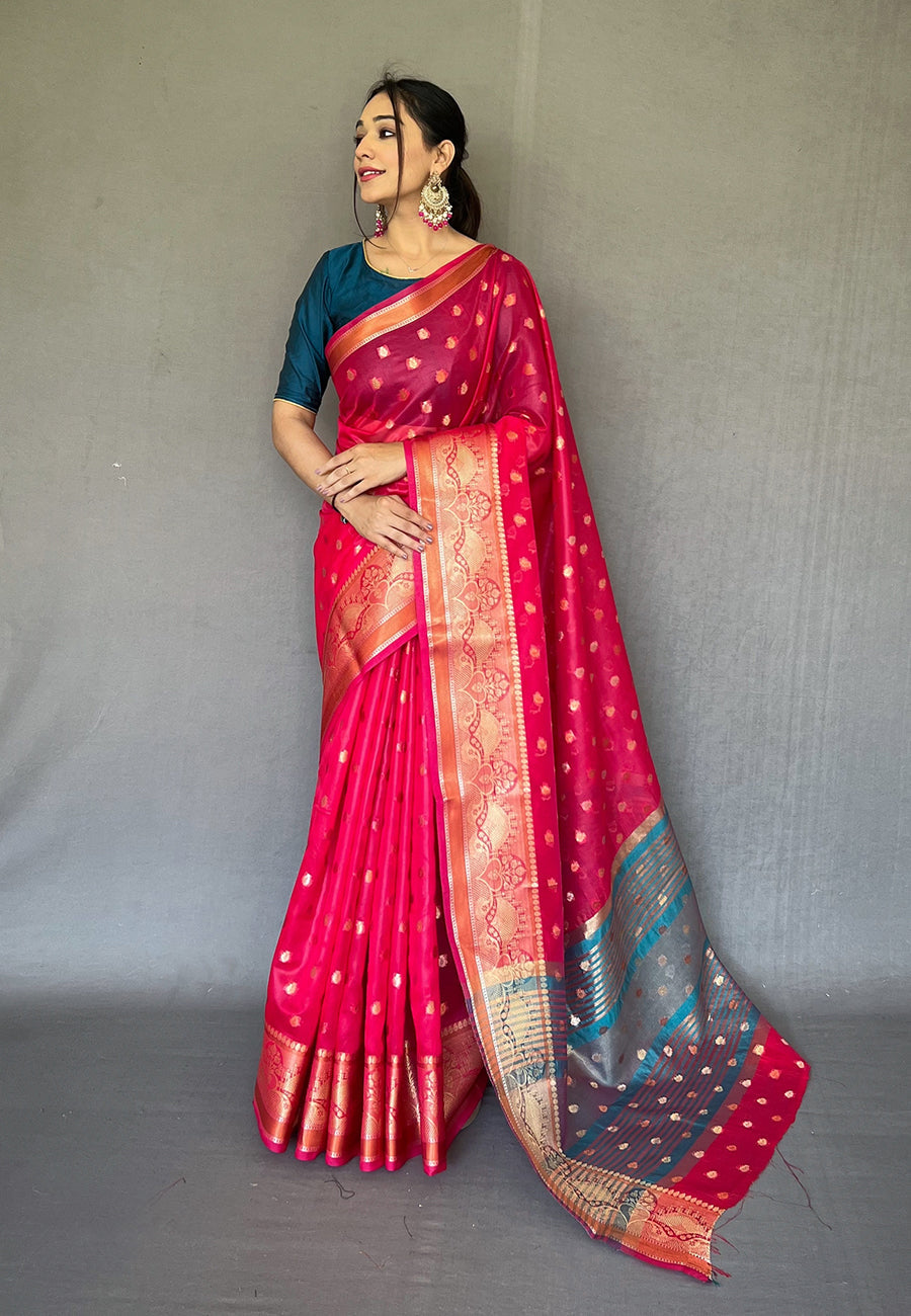 Buy MySilkLove Sasquatch Pink Zari Woven Organza Silk Saree Online