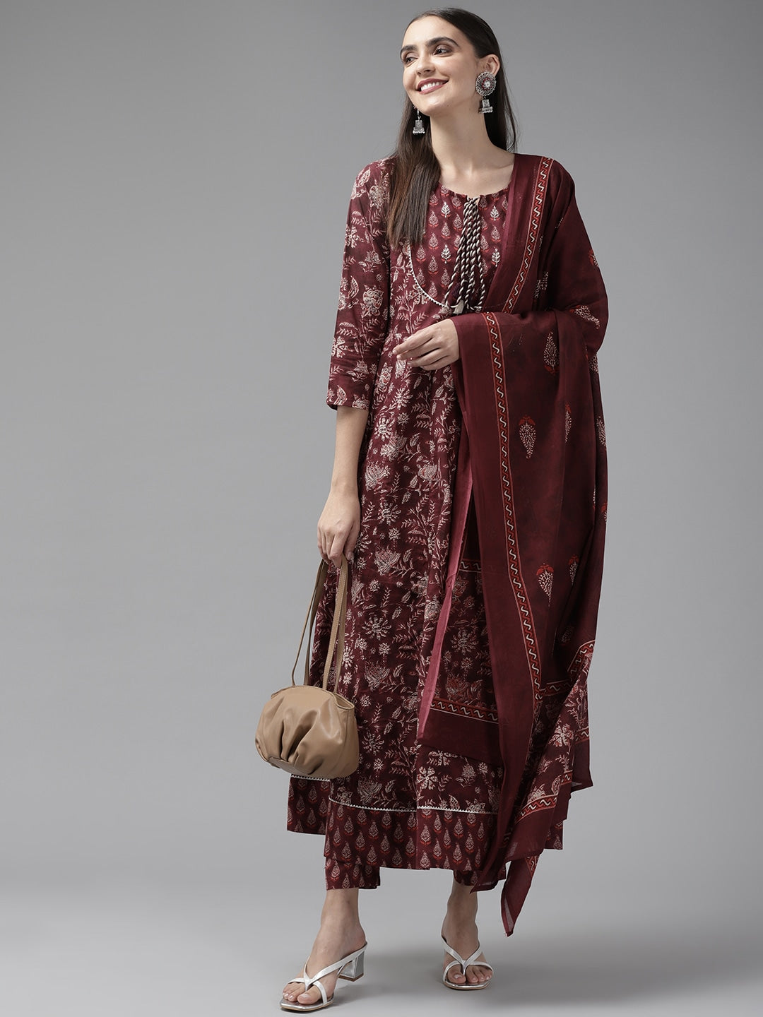 Buy MySilkLove Coral Tree Maroon Ethnic Printed Dupatta Set Online