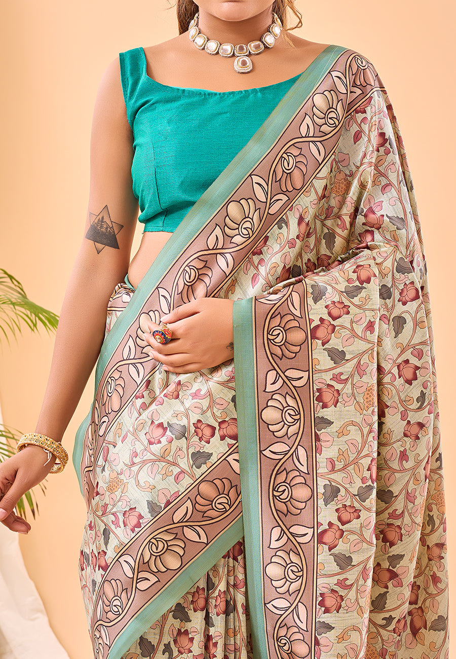 MySilkLove Summer Blue Floral Kalamkari Printed Saree