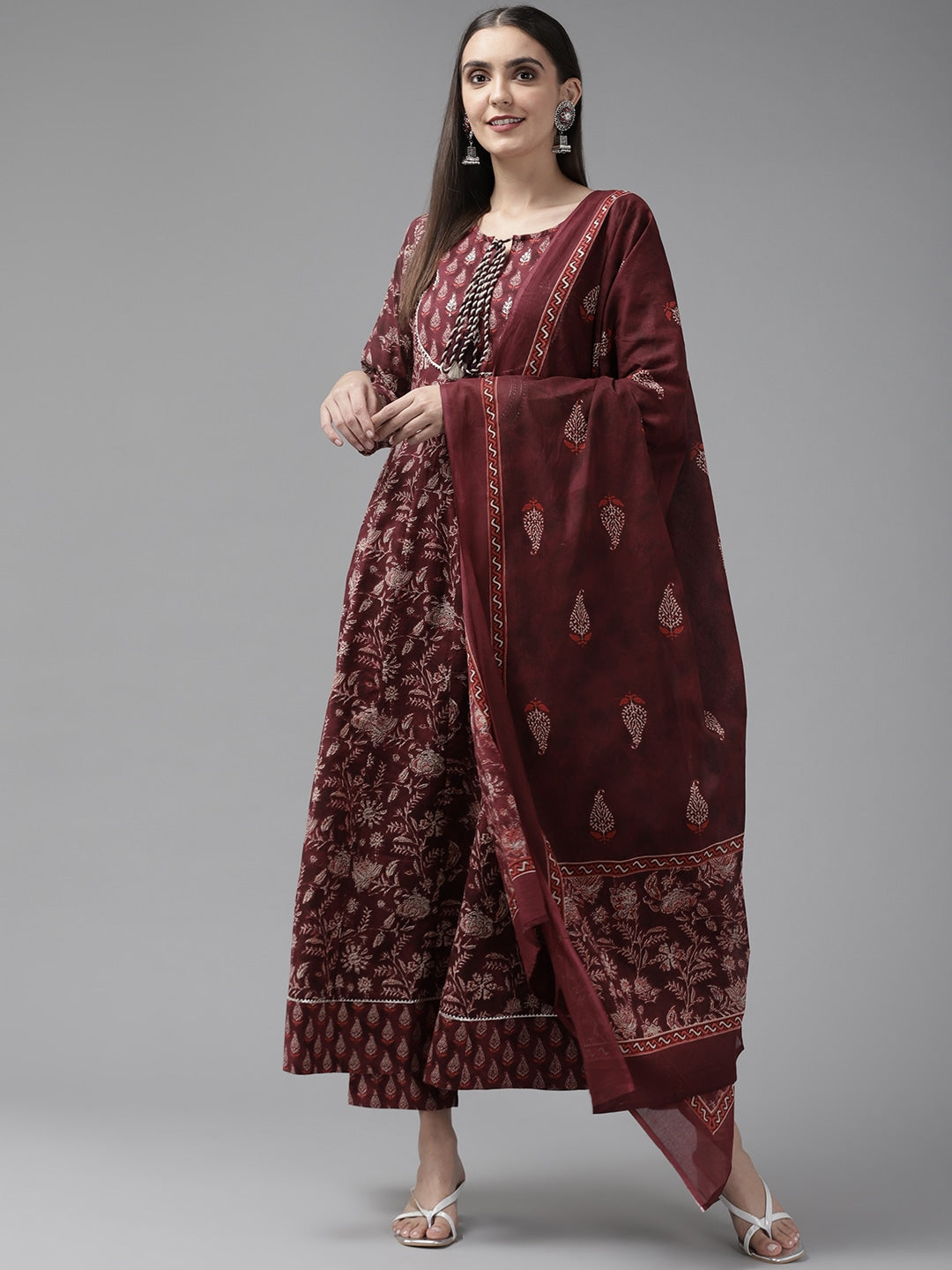Buy MySilkLove Coral Tree Maroon Ethnic Printed Dupatta Set Online