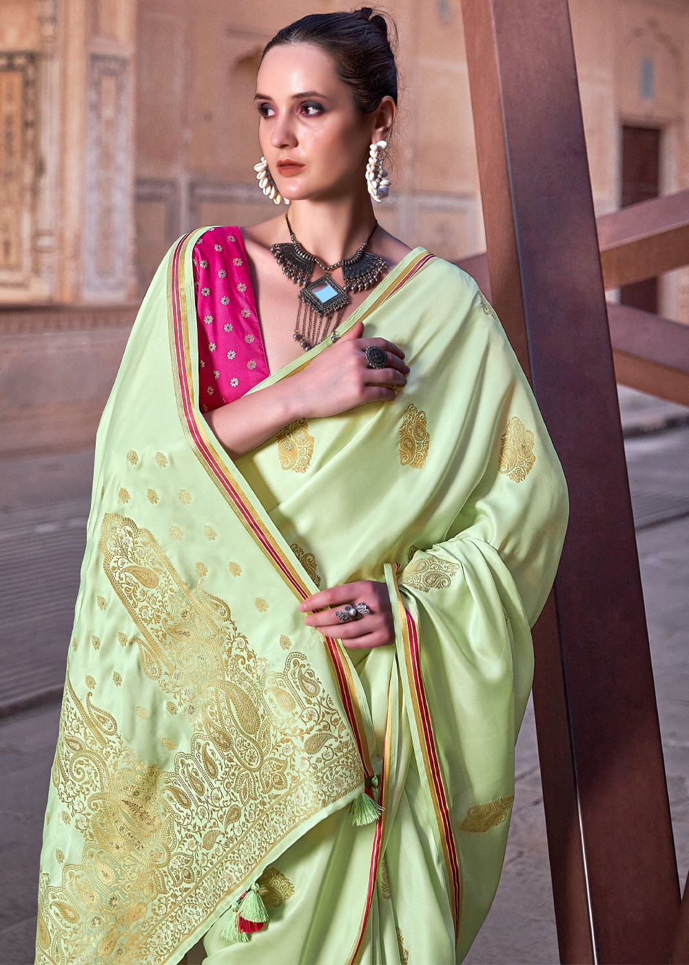 MySilkLove Sprout Green Woven Satin Silk Saree