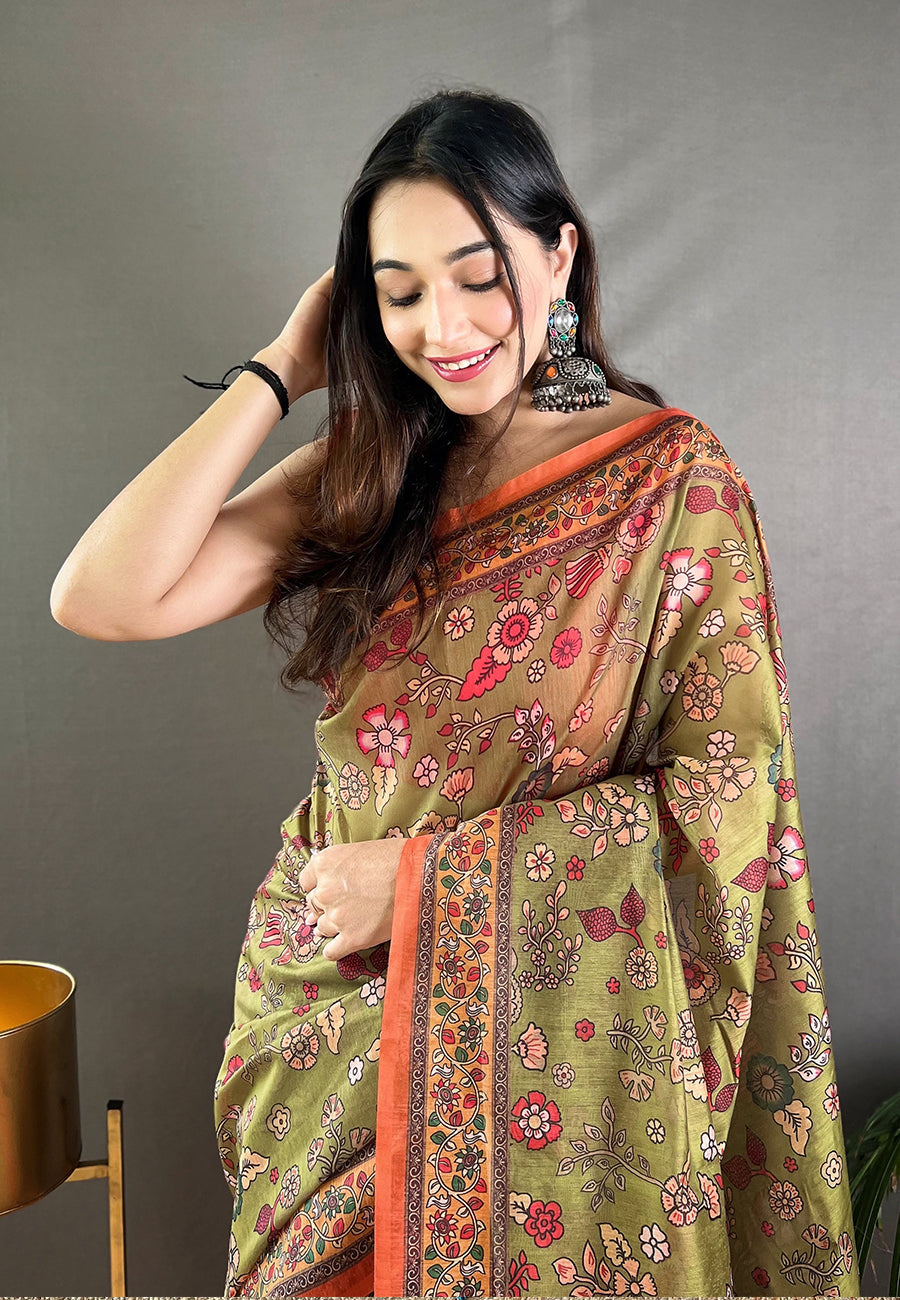 Buy MySilkLove Clay Creek Green Cotton Kalamkari Printed Saree Online