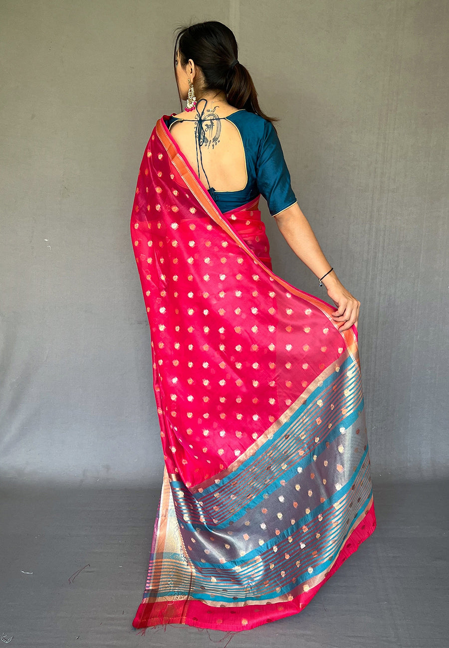 Buy MySilkLove Sasquatch Pink Zari Woven Organza Silk Saree Online