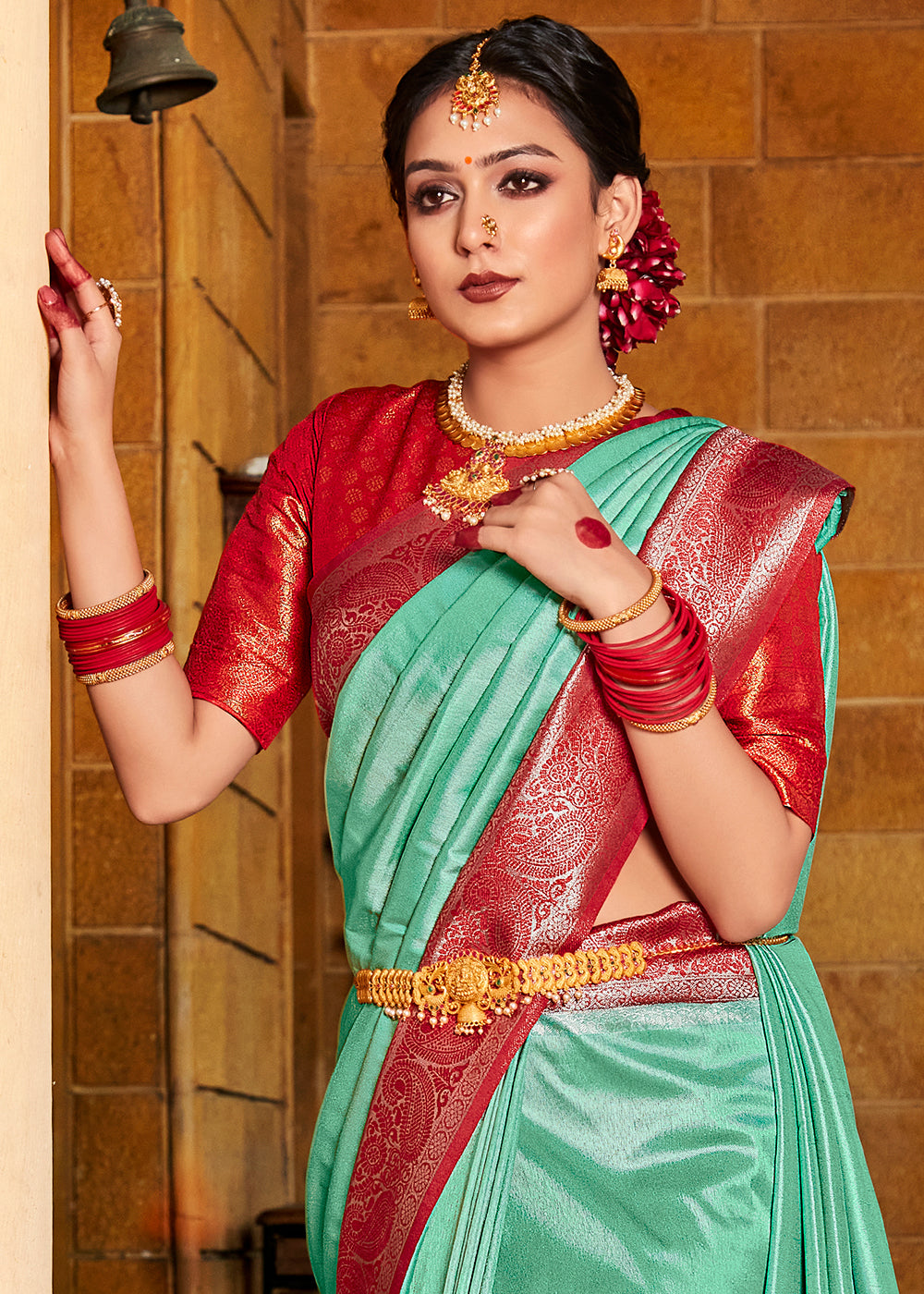 Buy MySilkLove Silver Tree Green and Red Zari Woven Kanjivaram Saree Online