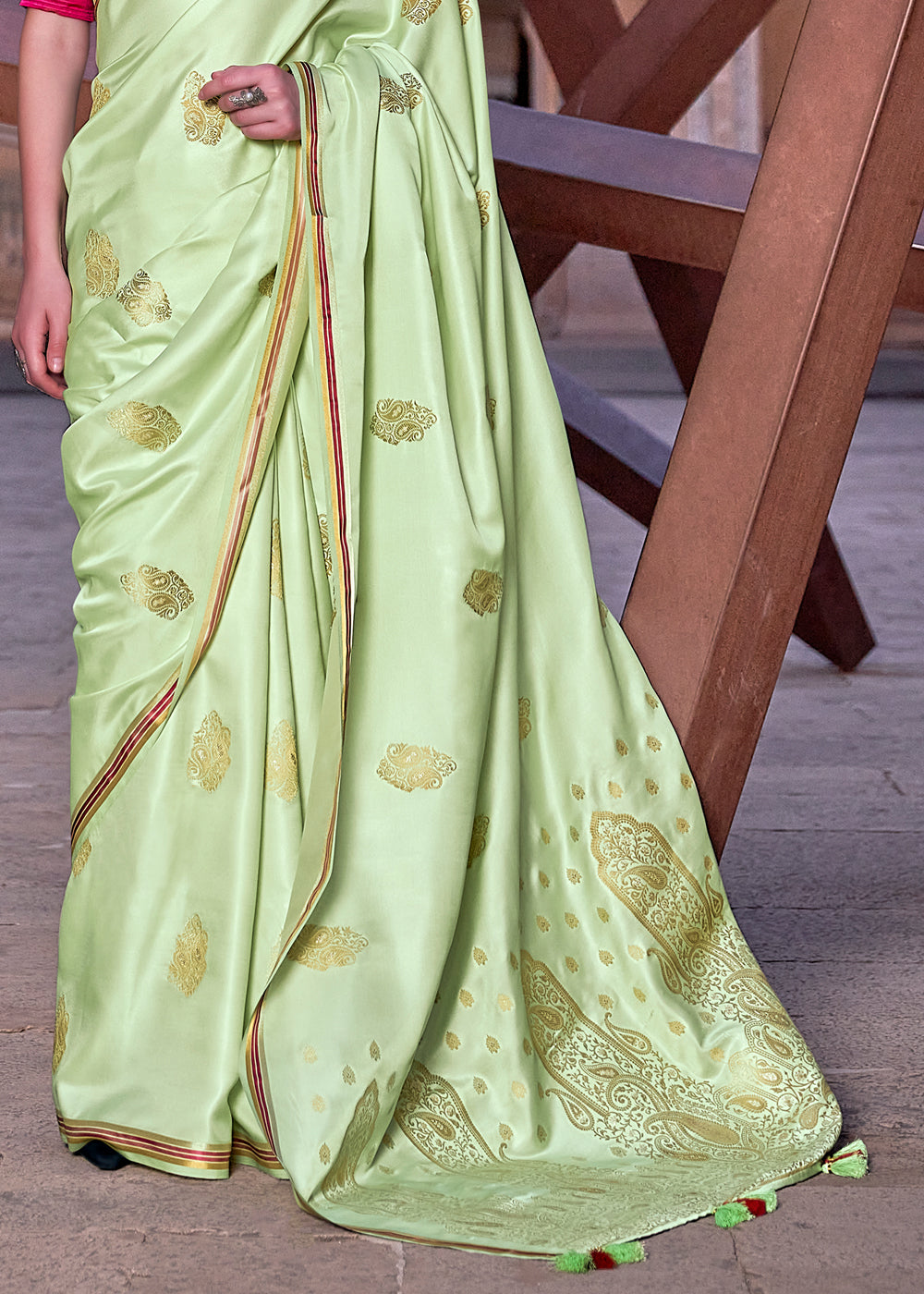 Buy MySilkLove Sprout Green Woven Satin Silk Saree Online
